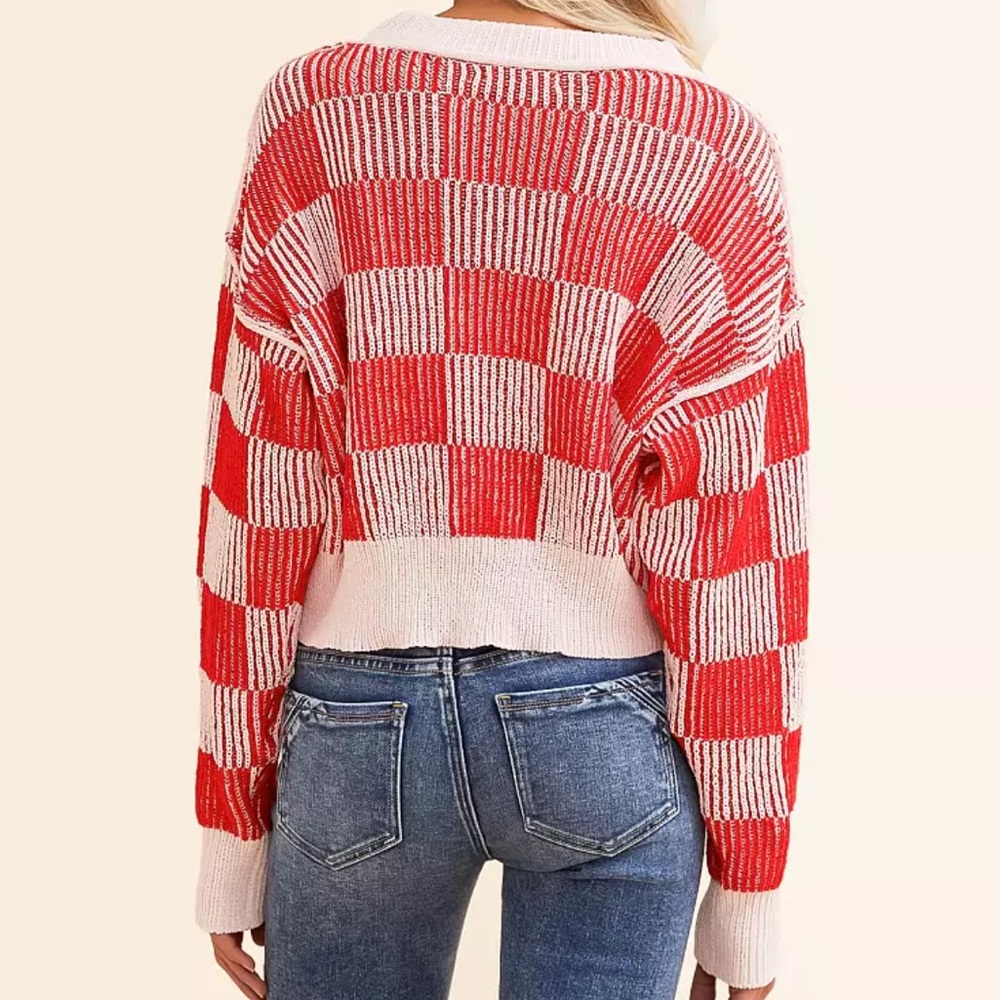idem Ditto checkered chenille knitted long sleeve cropped sweater sz Sm - Picture 2 of 11